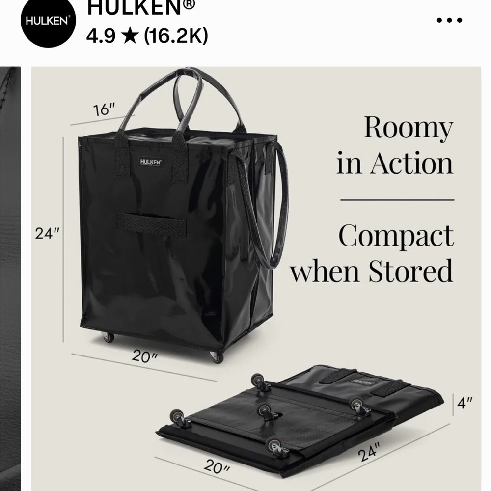 HULKEN Bag| Black Rolling Laundry Tote - Foldable Storage Bag Size Medium